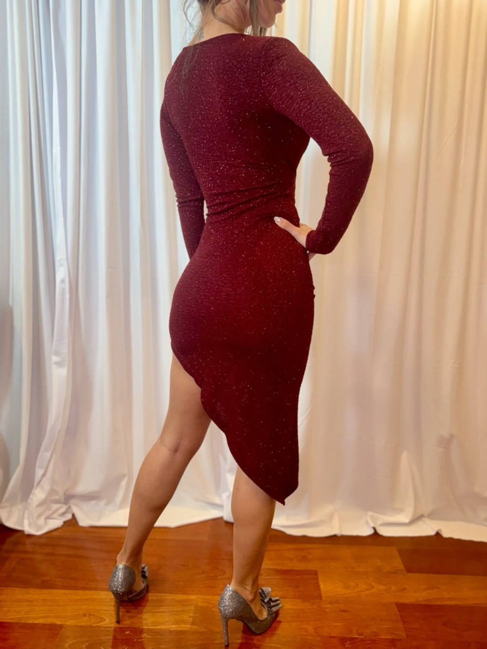 Windsor Burgundy Asymmetrical Ruched Bodycon Dress